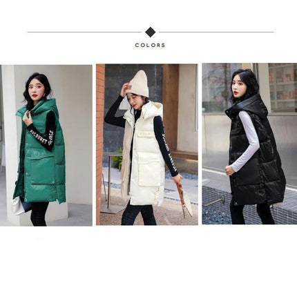 Women Long Puffer Vest Sleeveless Hooded Winter Jacket Outwear
