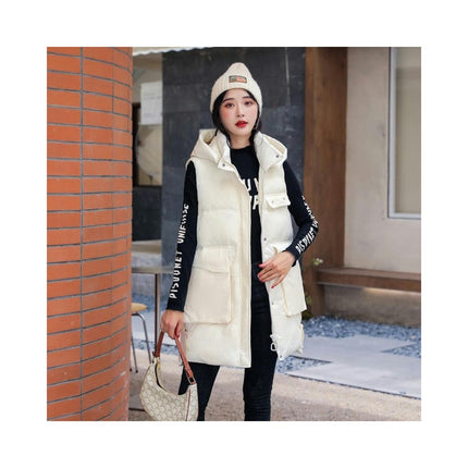 Women Long Puffer Vest Sleeveless Hooded Winter Jacket Outwear