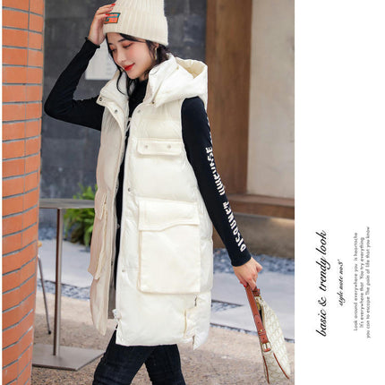 Women Long Puffer Vest Sleeveless Hooded Winter Jacket Outwear