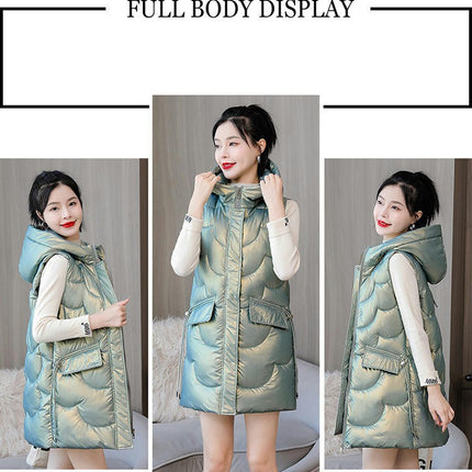 Women's Long Puffer Vest Sleeveless Full Zip Winter Jacket with Hood