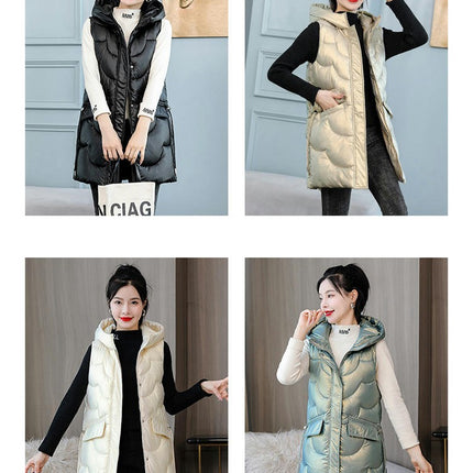 Women's Long Puffer Vest Sleeveless Full Zip Winter Jacket with Hood