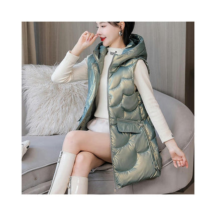 Women's Long Puffer Vest Sleeveless Full Zip Winter Jacket with Hood