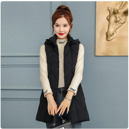 Womens Long Hooded Puffer Vest Sleeveless Winter Jackets Zip Up Warm Coat with Pockets