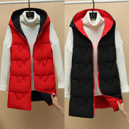 Women's Long Puffer Vest Sleeveless Hooded Full Zip Winter Jacket with Pockets
