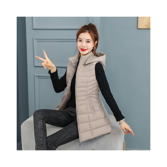 Women's Long Puffer Vest Sleeveless Hooded Winter Quilted Jacket with Pockets
