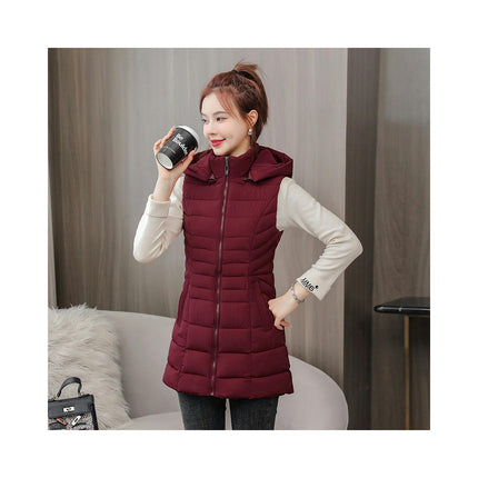 Women's Long Puffer Vest Sleeveless Hooded Winter Quilted Jacket with Pockets
