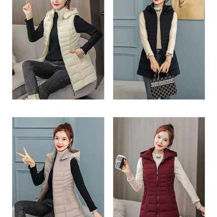Women's Long Puffer Vest Sleeveless Hooded Winter Quilted Jacket with Pockets