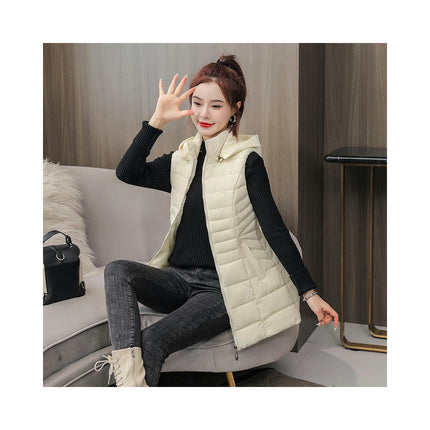 Women's Long Puffer Vest Sleeveless Hooded Winter Quilted Jacket with Pockets