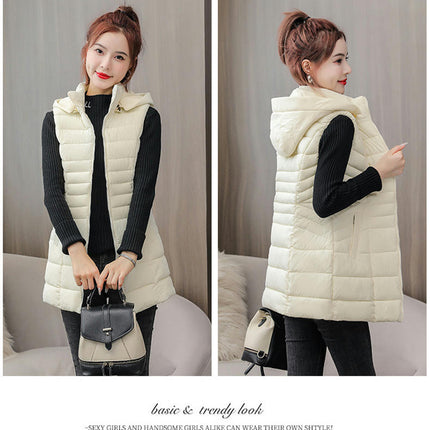 Women's Long Puffer Vest Sleeveless Hooded Winter Quilted Jacket with Pockets