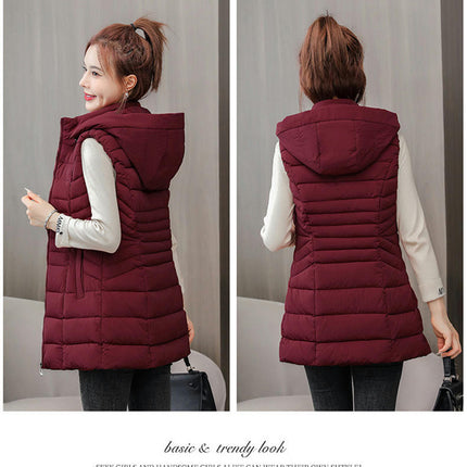 Women's Long Puffer Vest Sleeveless Hooded Winter Quilted Jacket with Pockets