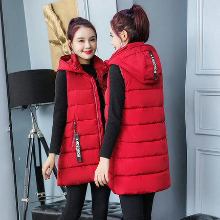 Women's Long Puffer Vest Quilted Hooded Sleeveless Winter Outwear with Pockets
