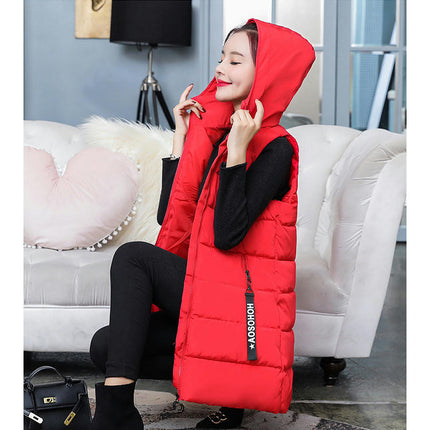 Women's Long Puffer Vest Quilted Hooded Sleeveless Winter Outwear with Pockets