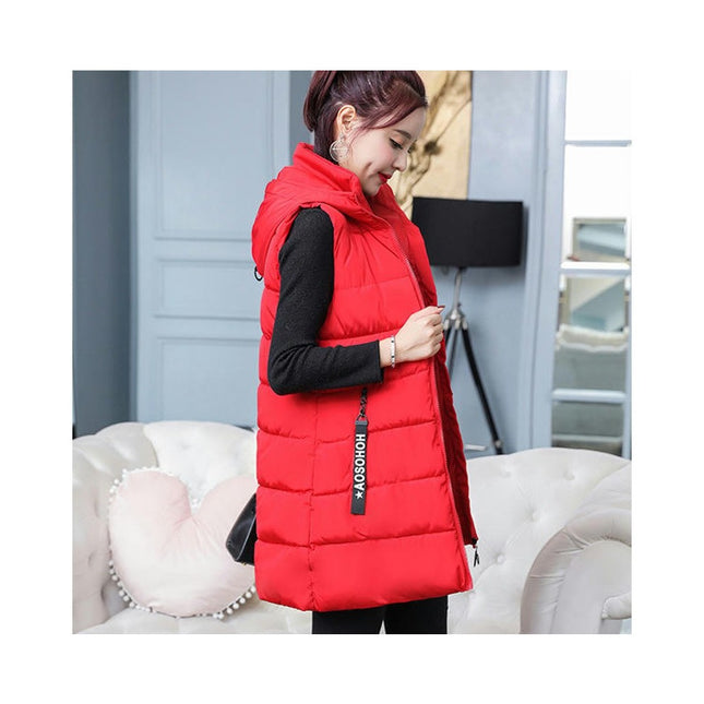 Women's Long Puffer Vest Quilted Hooded Sleeveless Winter Outwear with Pockets
