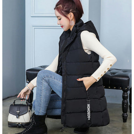 Women's Long Puffer Vest Quilted Hooded Sleeveless Winter Outwear with Pockets
