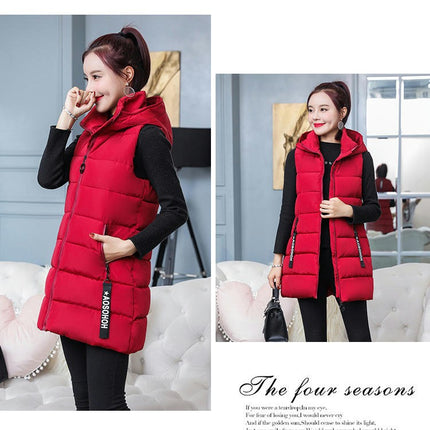 Women's Long Puffer Vest Quilted Hooded Sleeveless Winter Outwear with Pockets