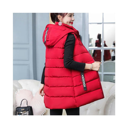 Women's Long Puffer Vest Quilted Hooded Sleeveless Winter Outwear with Pockets