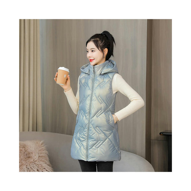 Women Hooded Long Puffer Vest Sleeveless Coat Winter Padded Gilet Jacket with Pocket