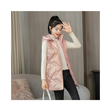 Women Hooded Long Puffer Vest Sleeveless Coat Winter Padded Gilet Jacket with Pocket