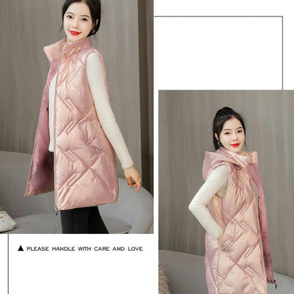 Women Hooded Long Puffer Vest Sleeveless Coat Winter Padded Gilet Jacket with Pocket