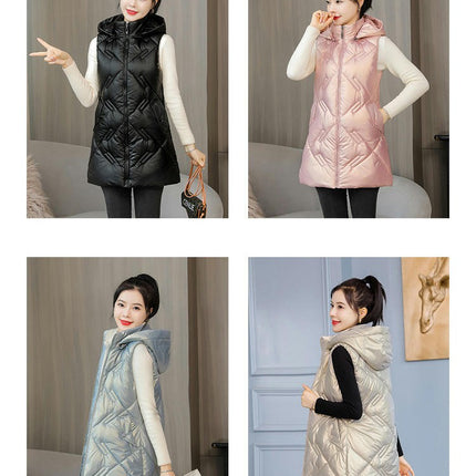 Women Hooded Long Puffer Vest Sleeveless Coat Winter Padded Gilet Jacket with Pocket