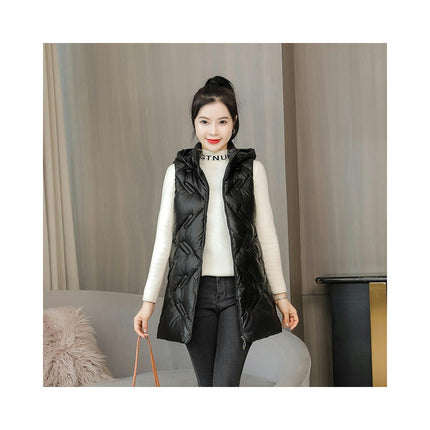 Women Hooded Long Puffer Vest Sleeveless Coat Winter Padded Gilet Jacket with Pocket