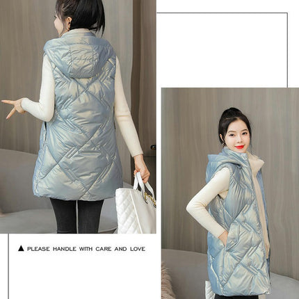 Women Hooded Long Puffer Vest Sleeveless Coat Winter Padded Gilet Jacket with Pocket