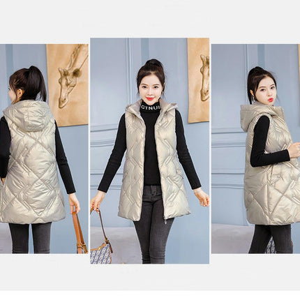 Women Hooded Long Puffer Vest Sleeveless Coat Winter Padded Gilet Jacket with Pocket