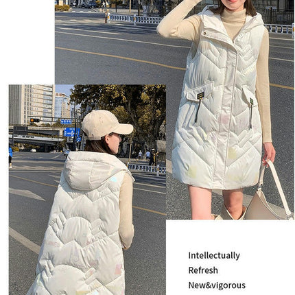 Womens Puffer Vest Hooded Sleeveless Long Coats Jacket with Pocket