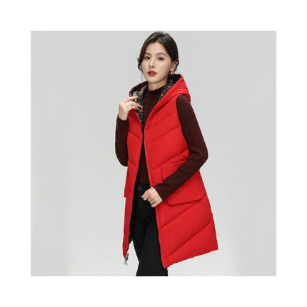 Womens Quilted Puffer Vests Hooded Sleeveless Long Outwear Jacket Zip Up Winter Coat