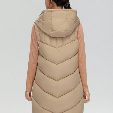 Womens Quilted Puffer Vests Hooded Sleeveless Long Outwear Jacket Zip Up Winter Coat