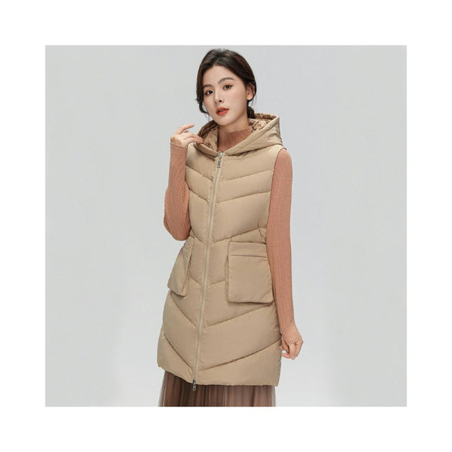 Womens Quilted Puffer Vests Hooded Sleeveless Long Outwear Jacket Zip Up Winter Coat