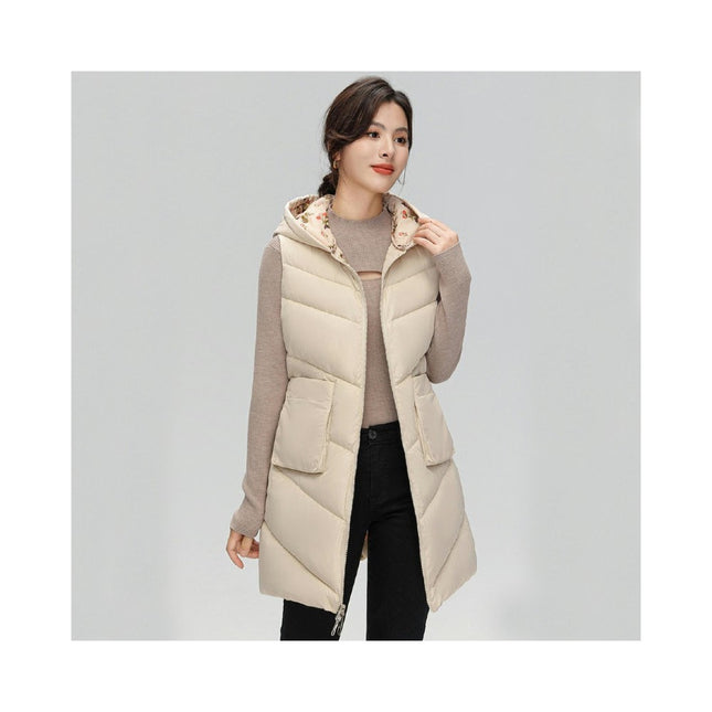 Womens Quilted Puffer Vests Hooded Sleeveless Long Outwear Jacket Zip Up Winter Coat