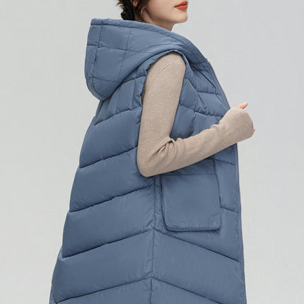 Womens Quilted Puffer Vests Hooded Sleeveless Long Outwear Jacket Zip Up Winter Coat
