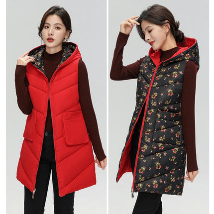 Womens Quilted Puffer Vests Hooded Sleeveless Long Outwear Jacket Zip Up Winter Coat