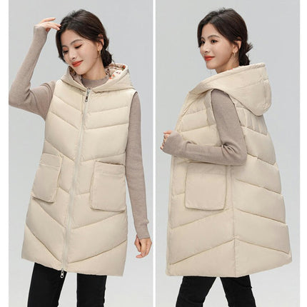 Womens Quilted Puffer Vests Hooded Sleeveless Long Outwear Jacket Zip Up Winter Coat