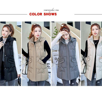 Womens Long Puffer Vest Quilted Sleeveless Hooded Jacket Full Zip Warm Winter Coats