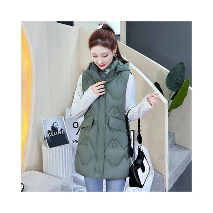 Womens Long Down Vest Full-Zip Hooded Sleeveless Jacket Coat Warm Winter Outerwear