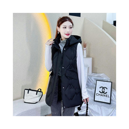 Womens Long Down Vest Full-Zip Hooded Sleeveless Jacket Coat Warm Winter Outerwear