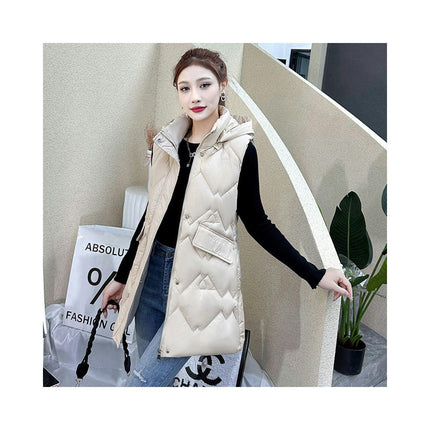Womens Long Down Vest Full-Zip Hooded Sleeveless Jacket Coat Warm Winter Outerwear