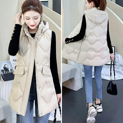 Womens Long Down Vest Full-Zip Hooded Sleeveless Jacket Coat Warm Winter Outerwear