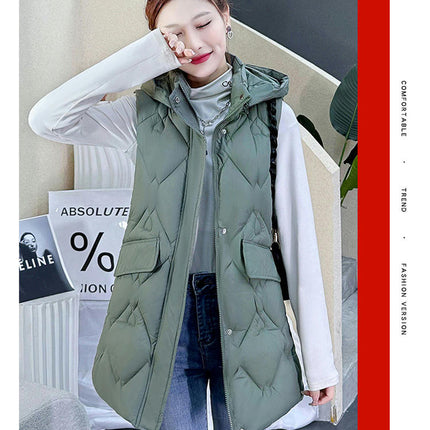 Womens Long Down Vest Full-Zip Hooded Sleeveless Jacket Coat Warm Winter Outerwear