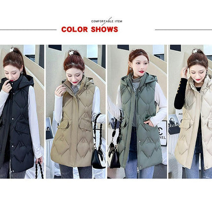 Womens Long Down Vest Full-Zip Hooded Sleeveless Jacket Coat Warm Winter Outerwear