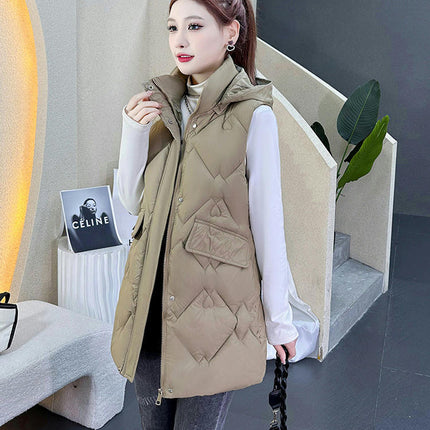 Womens Long Down Vest Full-Zip Hooded Sleeveless Jacket Coat Warm Winter Outerwear