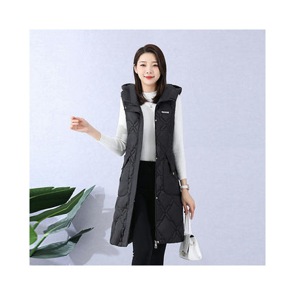 Women Long Puffer Vest Quilted Sleeveless Hooded Padded Gilet Coat
