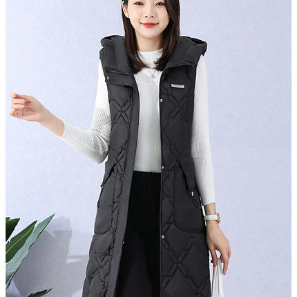 Women Long Puffer Vest Quilted Sleeveless Hooded Padded Gilet Coat