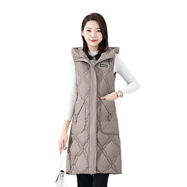Women Long Puffer Vest Quilted Sleeveless Hooded Padded Gilet Coat