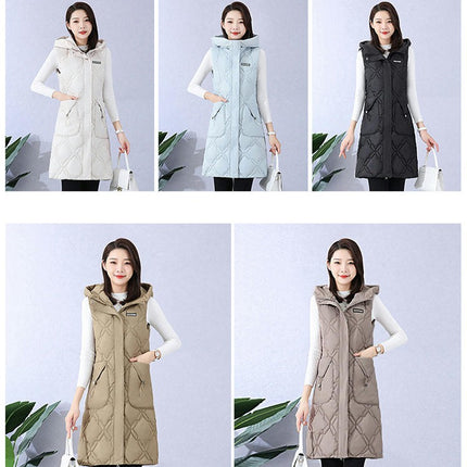 Women Long Puffer Vest Quilted Sleeveless Hooded Padded Gilet Coat