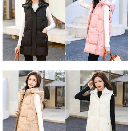 Women's Long Puffer Vest Winter Quilted Hooded Sleeveless Full Zip Jacket