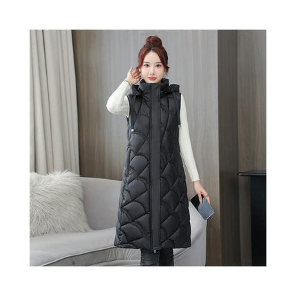 Women's Long Puffer Vest Hooded Sleeveless Full-zip Padded Coat