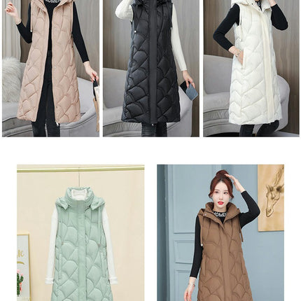 Women's Long Puffer Vest Hooded Sleeveless Full-zip Padded Coat
